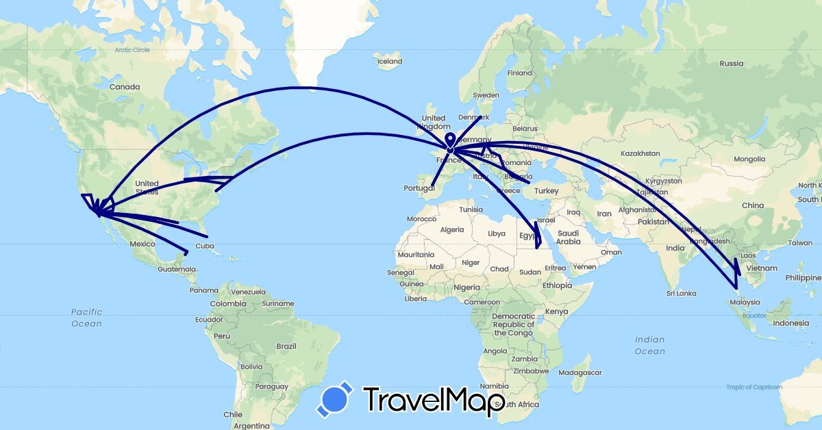 TravelMap itinerary: driving in Austria, Bulgaria, Czech Republic, Germany, Denmark, Egypt, Spain, France, Hungary, Mexico, Serbia, Slovakia, Thailand, Turkey, United States (Africa, Asia, Europe, North America)